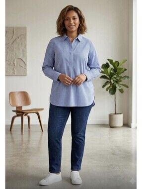 Lands End Womens 16 Shirt Supima Cotton Blue White Gingham Career Travel Classic